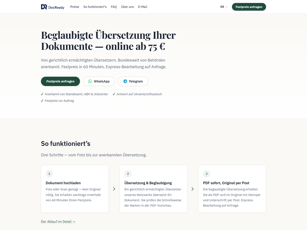 Bildschirmfoto der Website DocReady.de